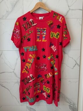 QUEEN OF SPARKLES Red Sequin Graphic Tee Dress